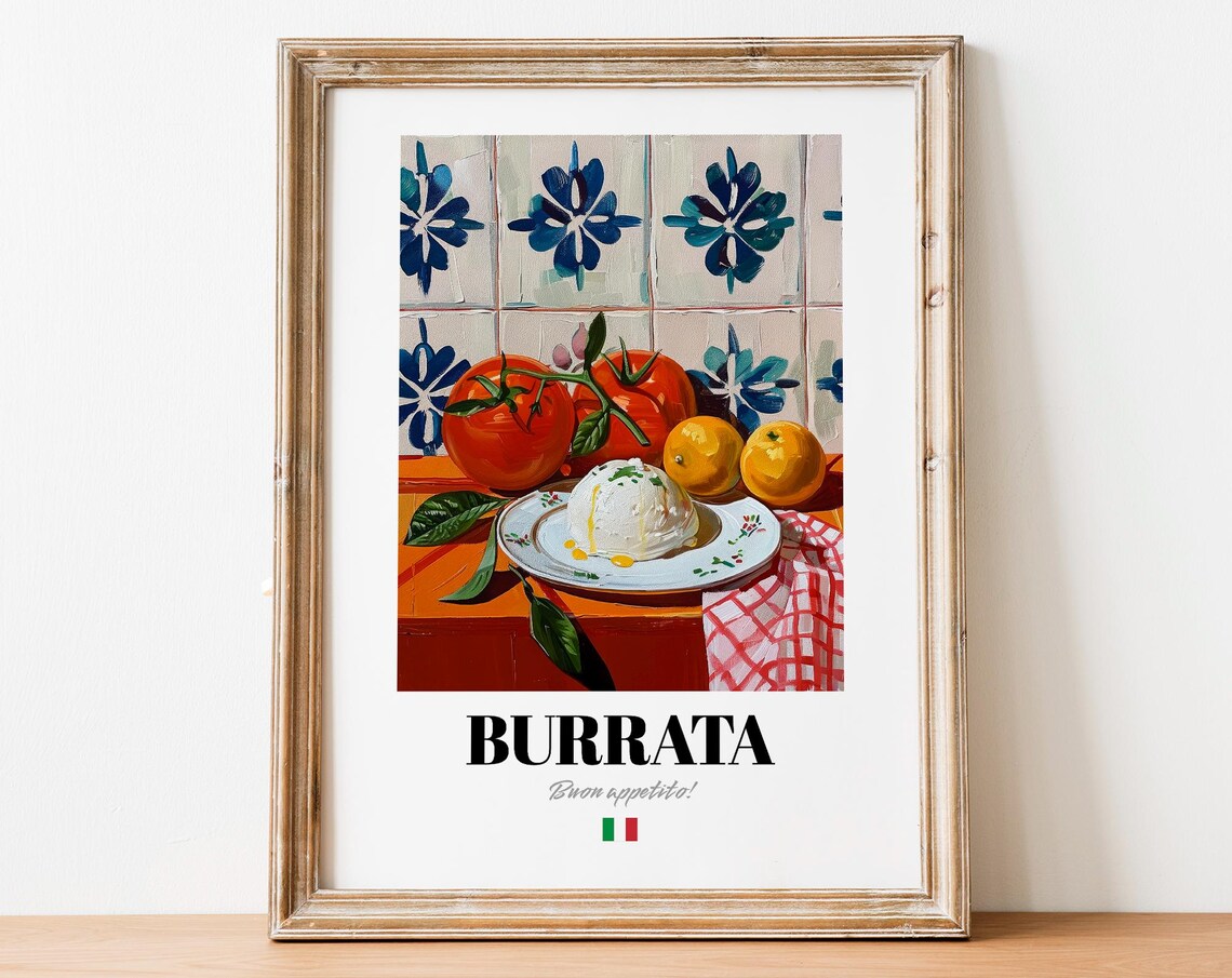 Burrata Buon Appetito Italian Cheese Tomato Colorful Kitchen Wall Art