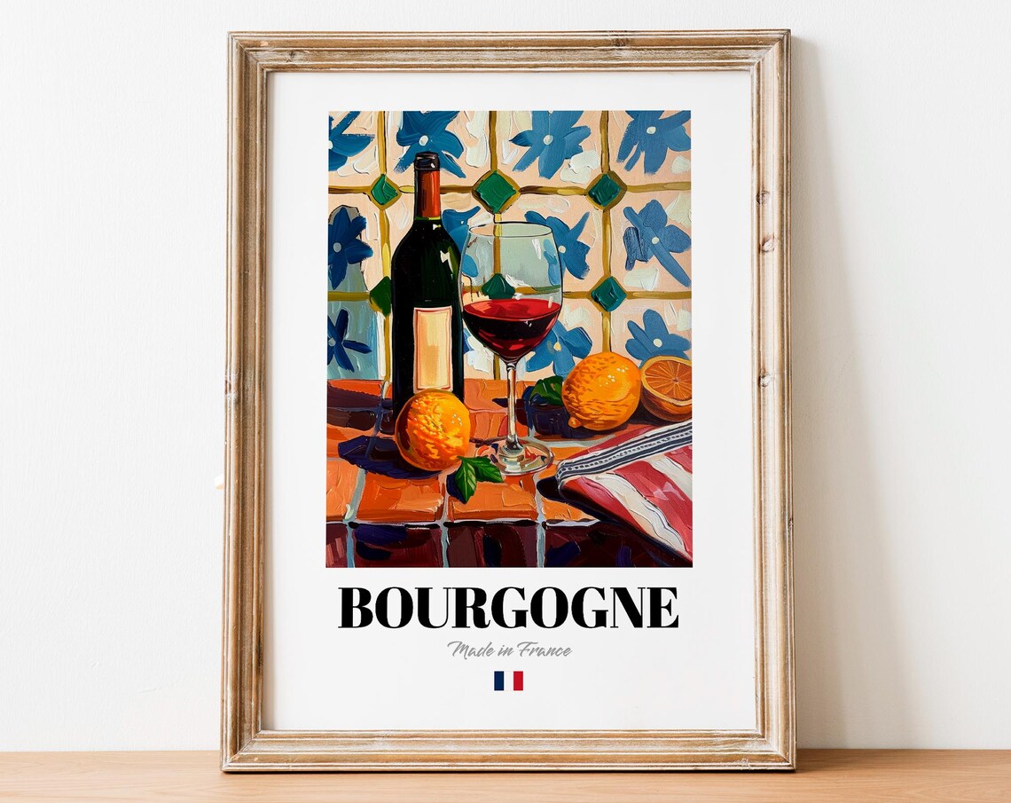Retro Bourgogne Glass Print Poster Wine Art For Homes And Bars