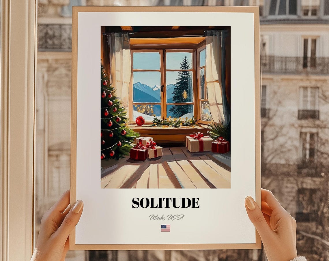 Solitude Utah USA Cozy Christmas Cabin Window Snow Scene Poster