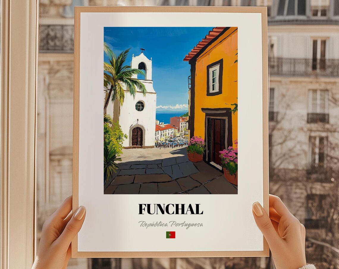 Funchal Portugal Church Bell Tower Ocean View Travel Art Poster