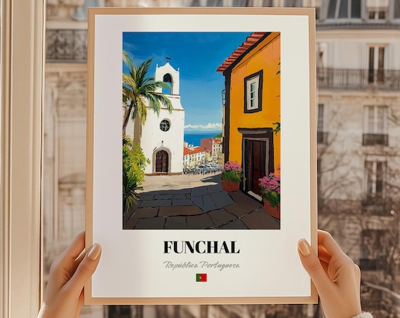 Funchal Portugal Church Bell Tower Ocean View Travel Art Poster