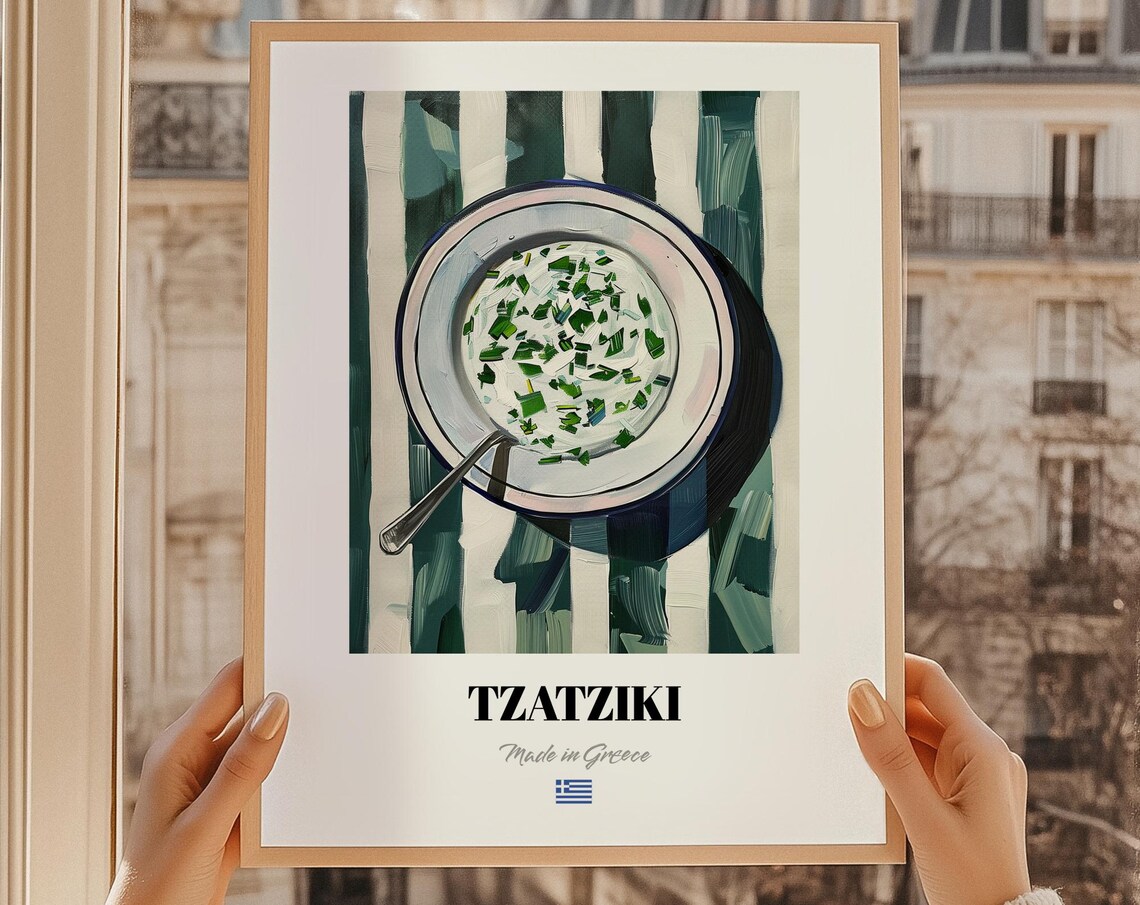 Tzatziki Bowl Top View Painting Poster Greek Yogurt Dip Kitchen Wall Decor