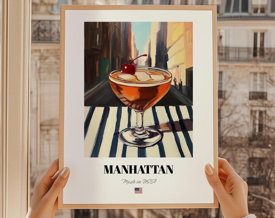 Manhattan Cocktail Coupe Glass Cherry Classic Bar Art Poster
