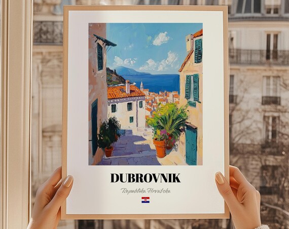 Dubrovnik Croatia Sunny Seaside Alley Painting Travel Poster