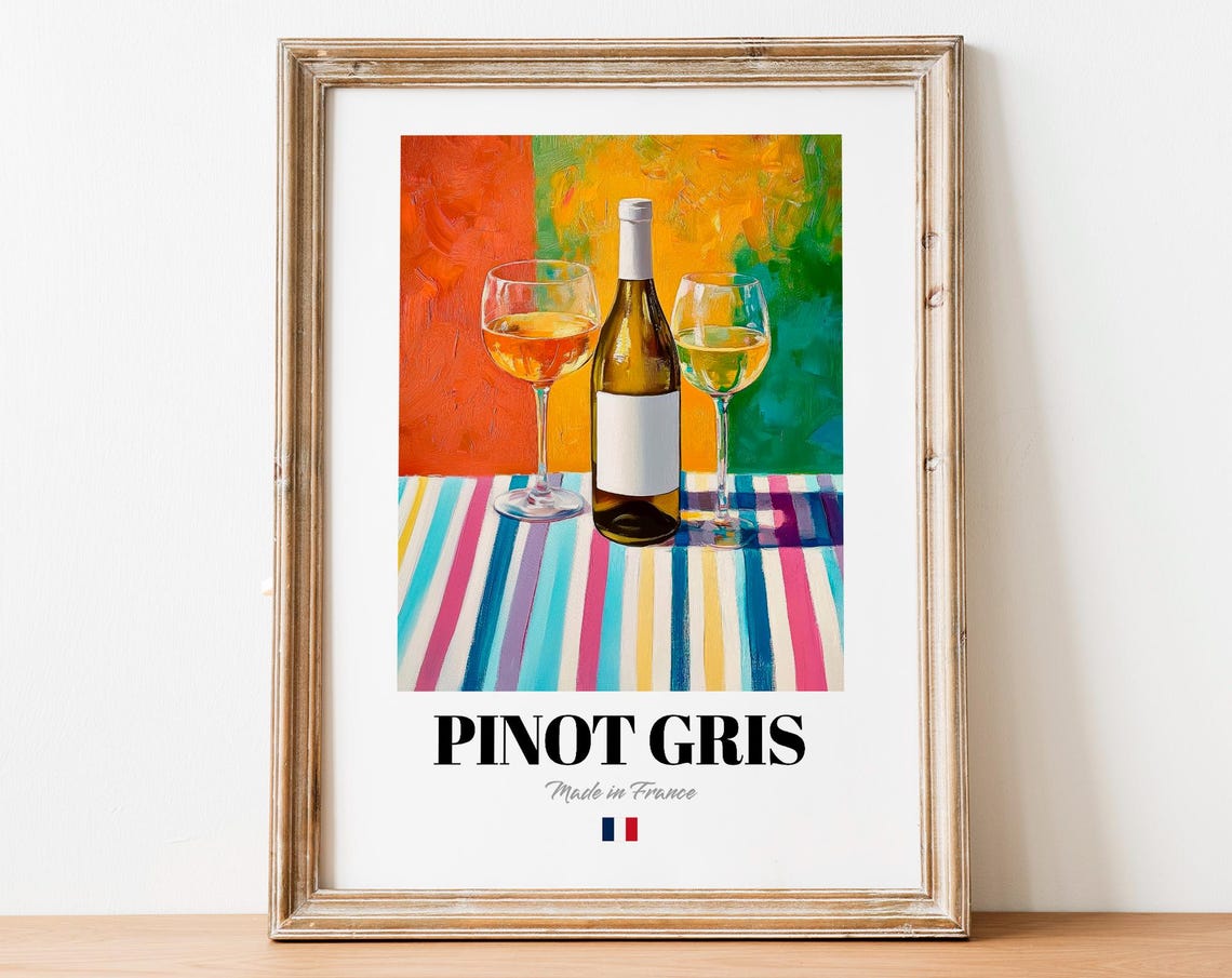 Pinot Gris French Wine Two Glasses Colorful Striped Art Poster