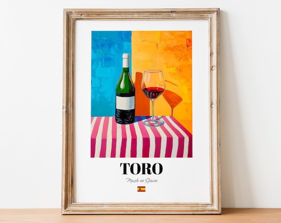 Toro Vibrant Spanish Wine Bottle and Glass Pink Striped Wall Poster