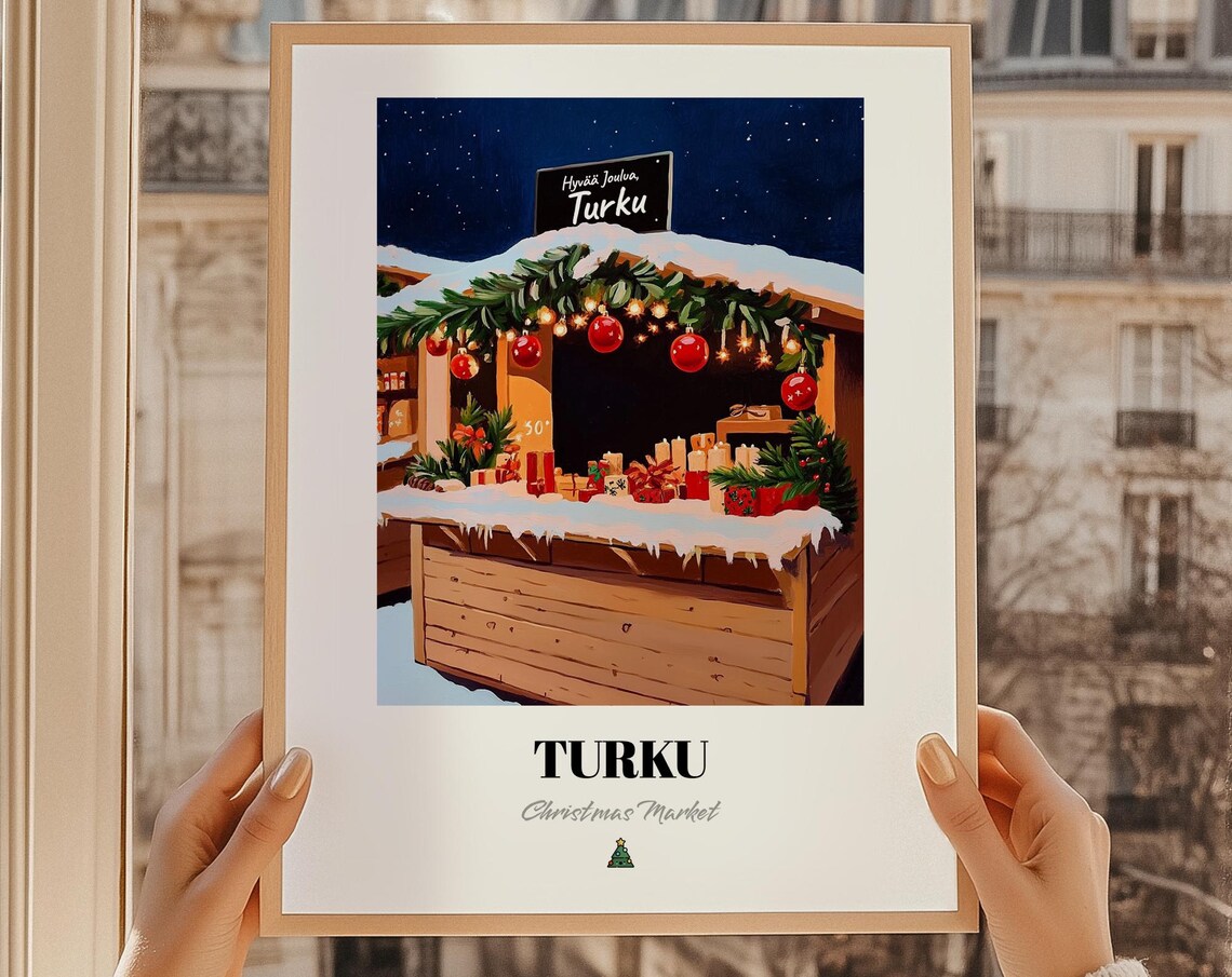 Turku Finland Christmas Market Poster Snowy Wooden Stall Holiday Art