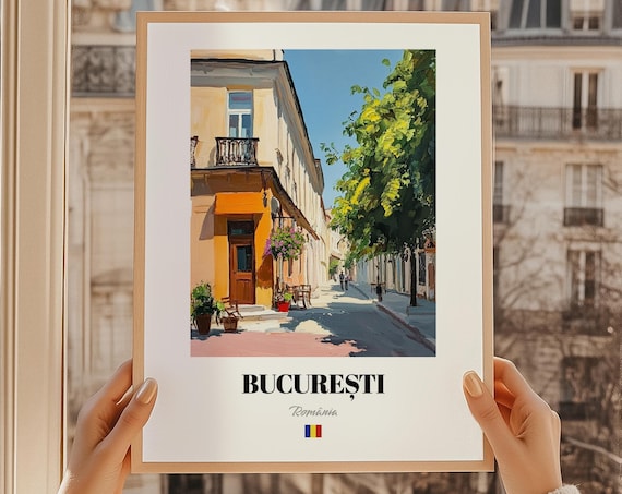 Bucuresti Romania Sunlit Leafy Street Oil Painting Travel Poster