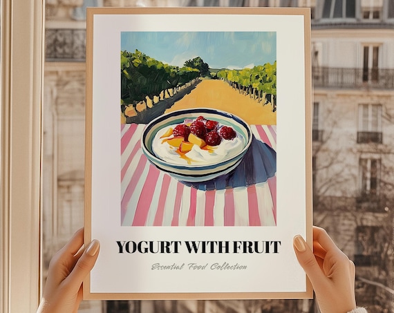 Yogurt With Berries And Fruit Painted Food Illustration Orchard Kitchen Poster