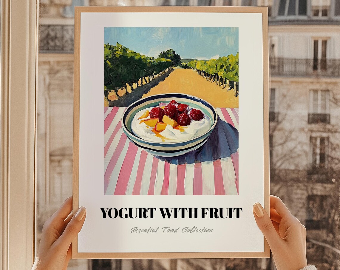Yogurt With Berries And Fruit Painted Food Illustration Orchard Kitchen Poster