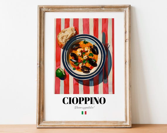 Italian Cioppino Poster Fish Soup Art For Kitchen And Bistro Walls