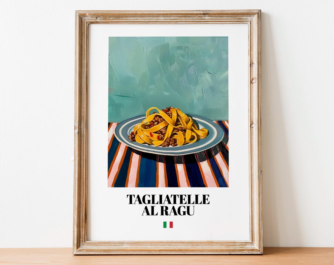 Tagliatelle Ragu Italian Pasta Painting Teal Modern Kitchen Poster