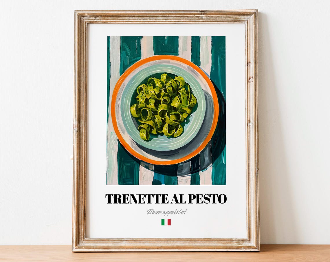 Trenette al Pesto Green Pasta Bowl Striped Table Buon Appetito Poster