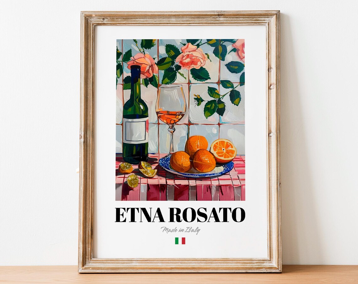 Vintage Etna Rosato Bottle Print Poster Sicilian Wine Art For Whimsical Kitchens