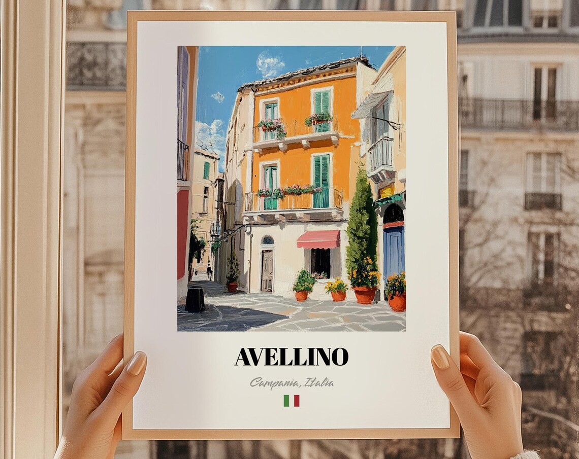 Avellino Italy Sunlit Orange Balcony Facade Oil Painting Poster