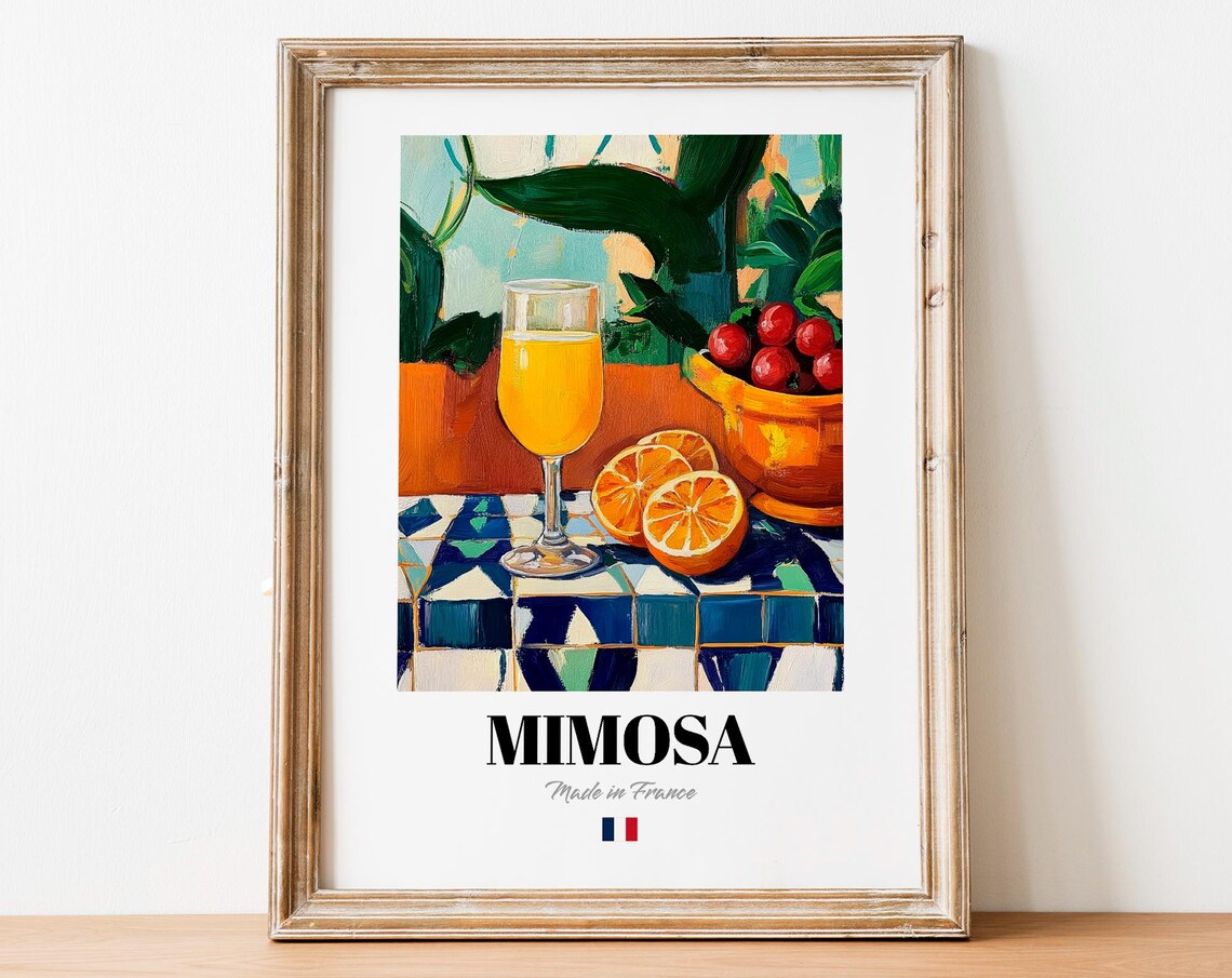 Vintage Mimosa Glass Poster, Boho Cocktail Art