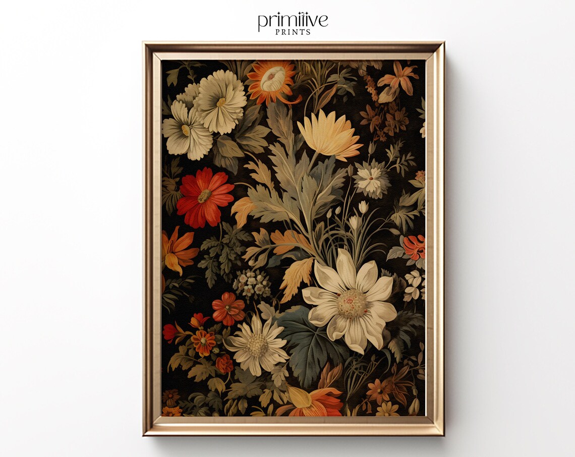 Floral Tapestry Print, Vintage Botanical Textile Art