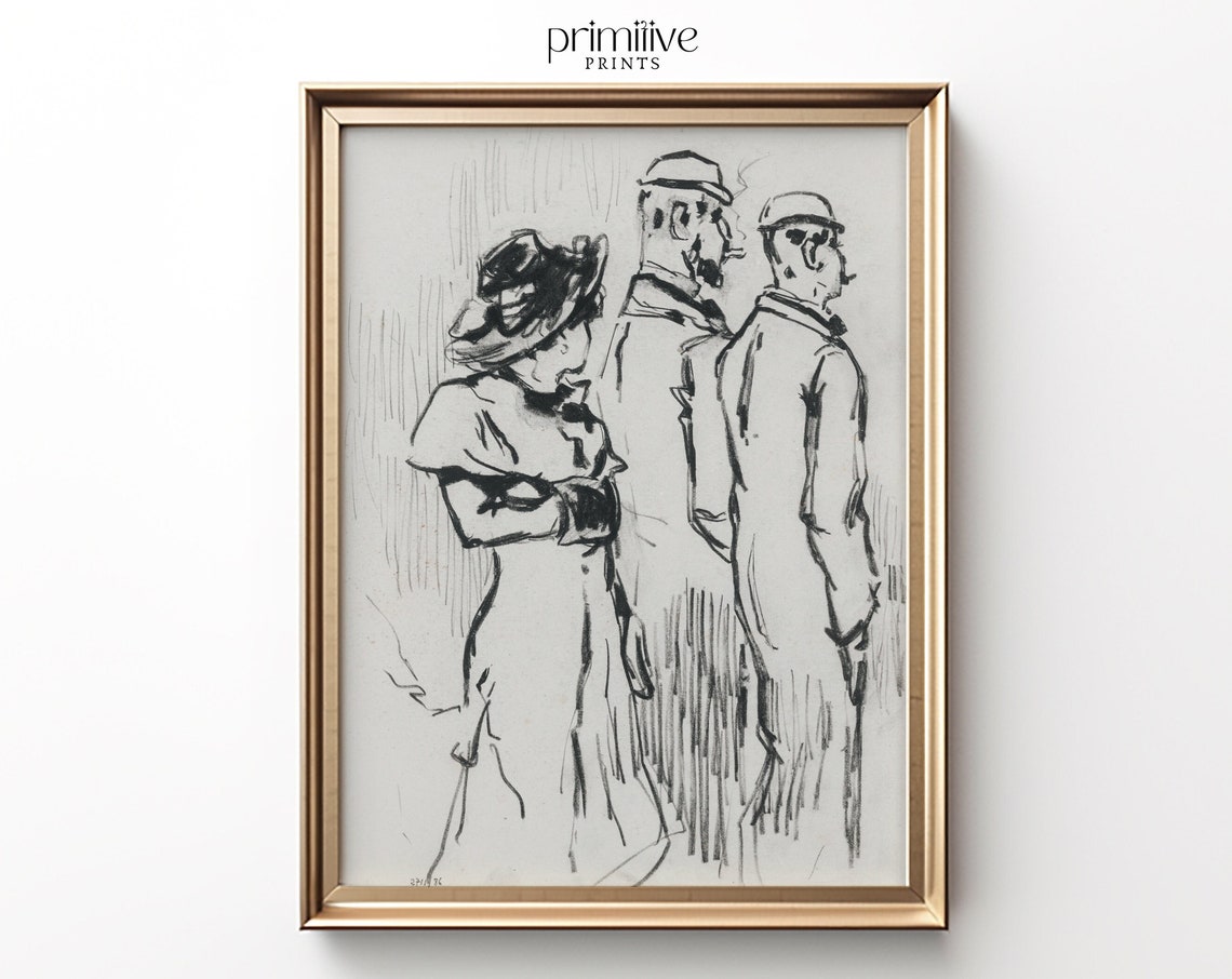 Three People Seen From Behind Expressive Ink Sketch Vintage Art Poster
