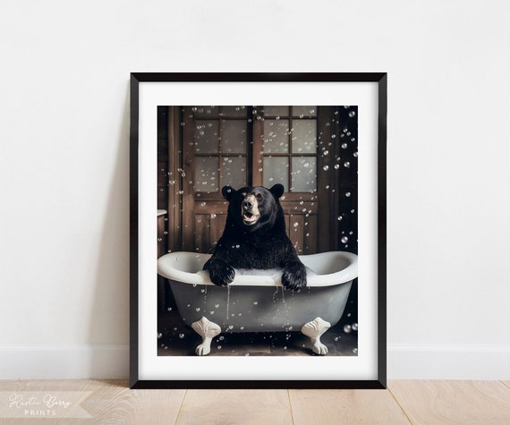 Black Bear In A Bubble Bath Wall Art Clawfoot Tub Home Decor Bathroom Art Cute Funny Instant