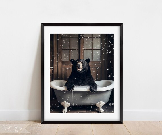 Black Bear In Bubble Bath Clawfoot Tub Whimsical Funny Bathroom Wall Art Poster