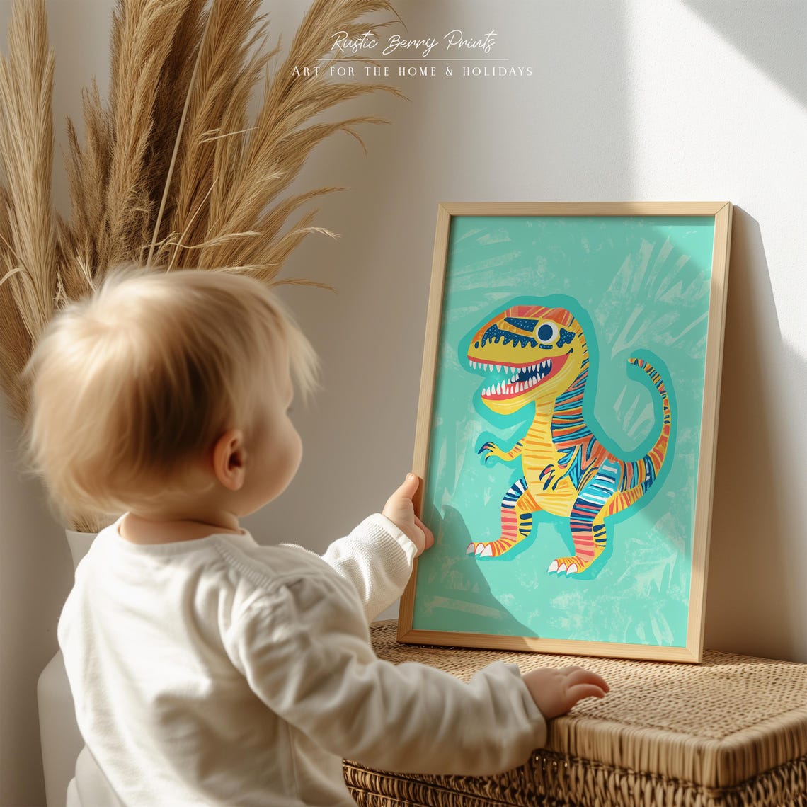 Colorful Cartoon T Rex Dinosaur Turquoise Kids Room Art Print - Image 5