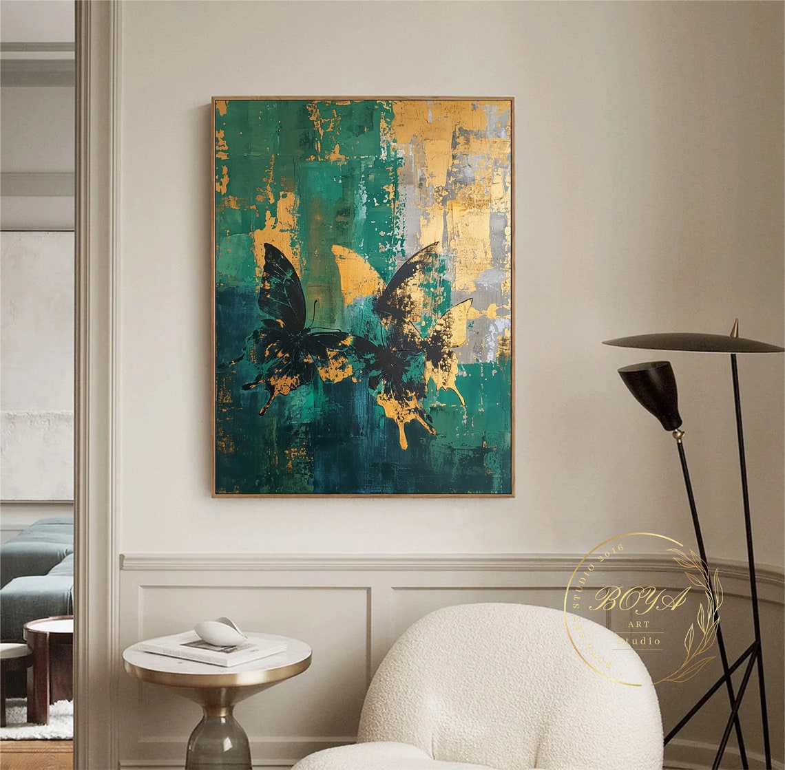 Green Abstract Art Original Butterfly Abstract Painting Gold Textured Painting Large Green Wall Painting Gold Textured Art Modern Art - Image 4