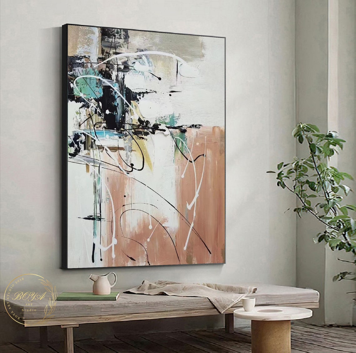 Large Beige Oil Painting Beige Wall Art Original Abstract Painting Line Abstract Painting White Minimalist Art Modern Oil Painting - Image 3