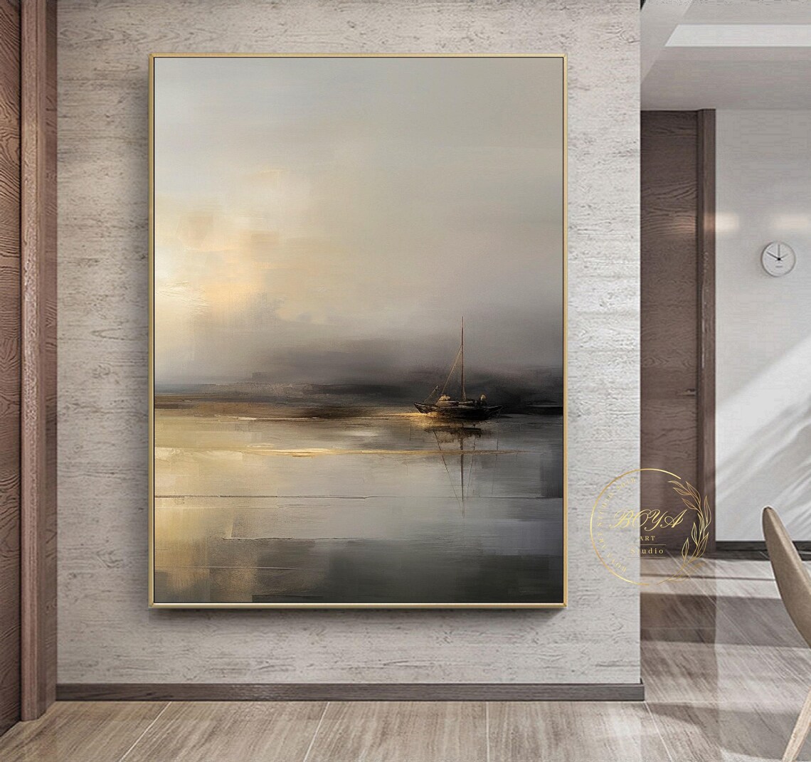 Lone Sailboat in Golden Mist Abstract Seascape Painting Poster - Image 2