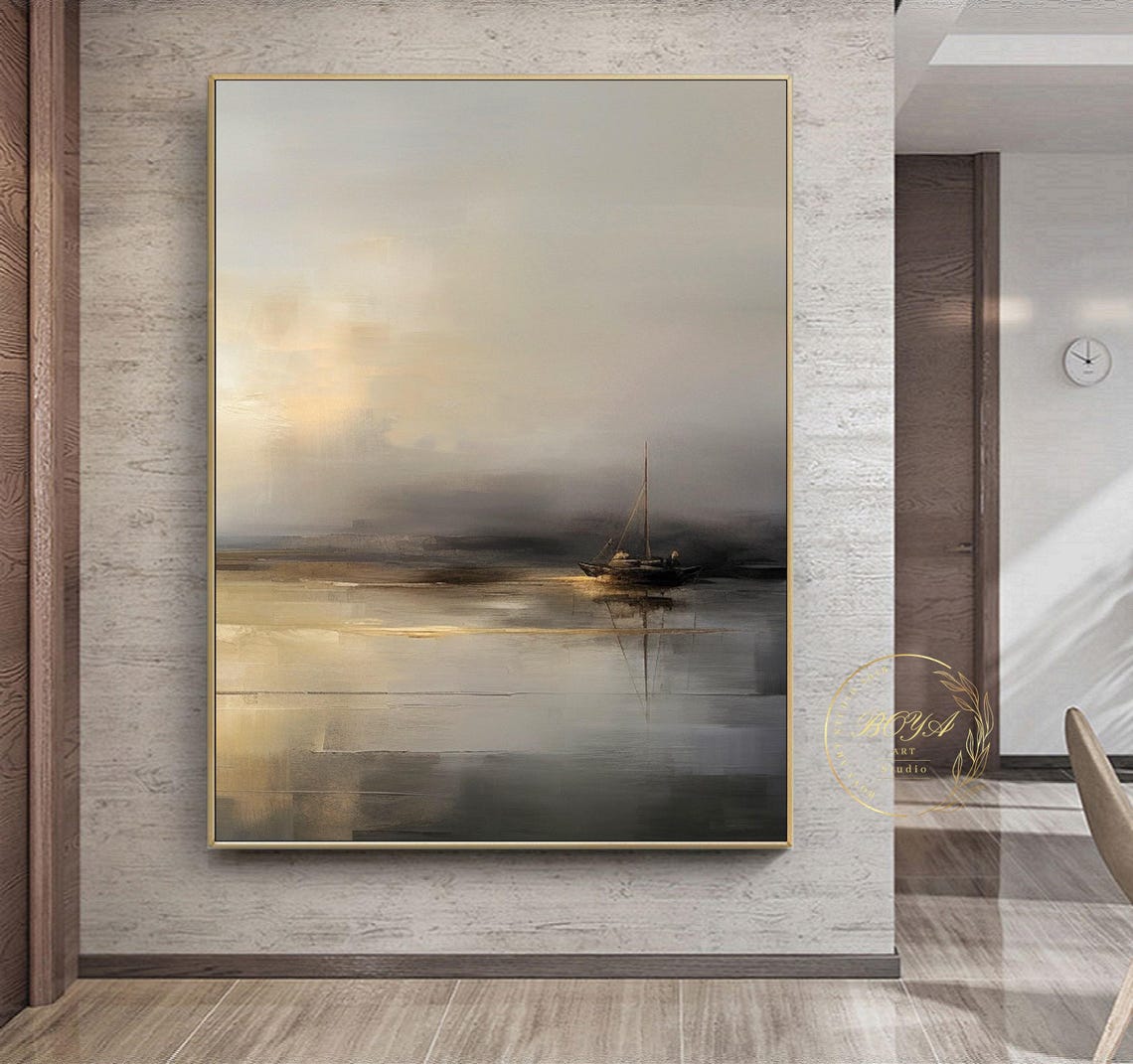 Sailboat Abstract Art Beige Abstract Painting Original Seascape Painting Beige Textured Art Large Minimalist Wall Art Gold Abstract Painting - Image 2