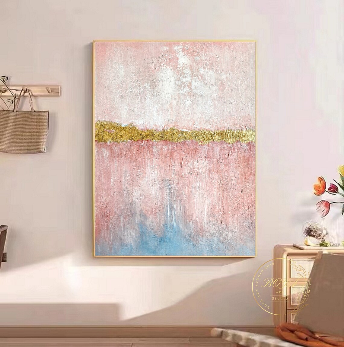Pink Abstract Painting, Minimalist Gold Texture Art Print - Image 4