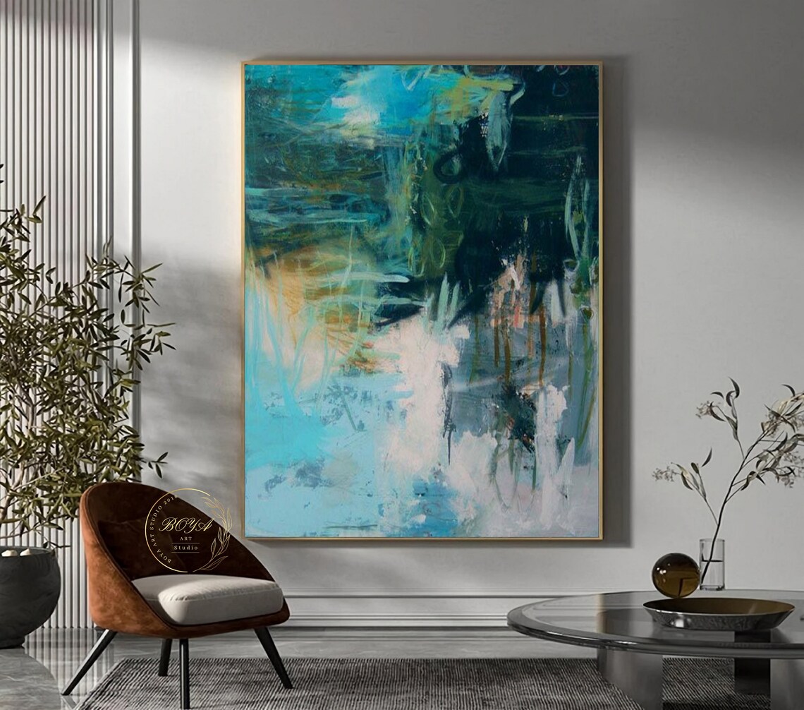 Leaf Abstract Painting, Modern Green Blue Art Print - Image 5