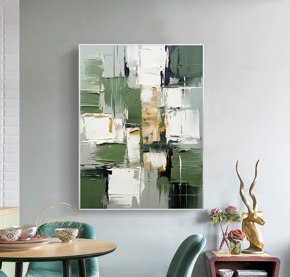 Original Green Abstract Painting White Textured Art Large Green Wall Art White Texture Painting Gold Abstract Art Modern Oil Painting - Image 3