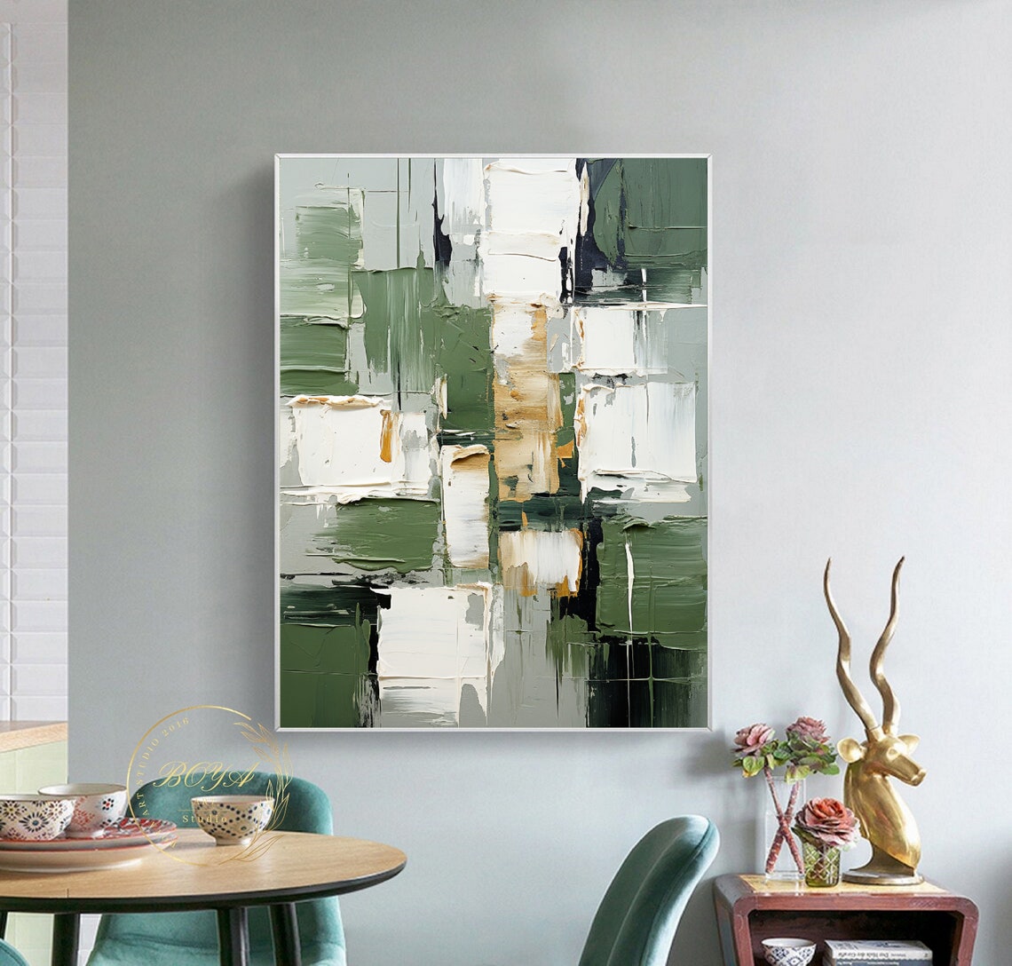 Sage Green White and Gold Block Brushstroke Abstract Canvas Poster - Image 3