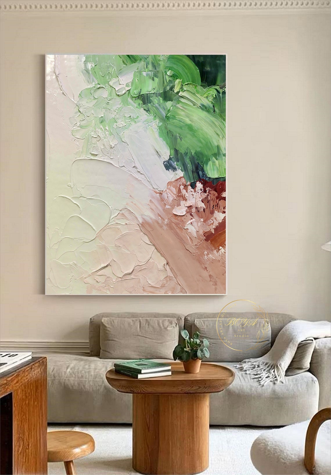 Large Green Texture Art 3d Texture Painting Original Green Oil Painting Beige Abstract Painting Modern Wall Art Minimalist Painting - Image 5