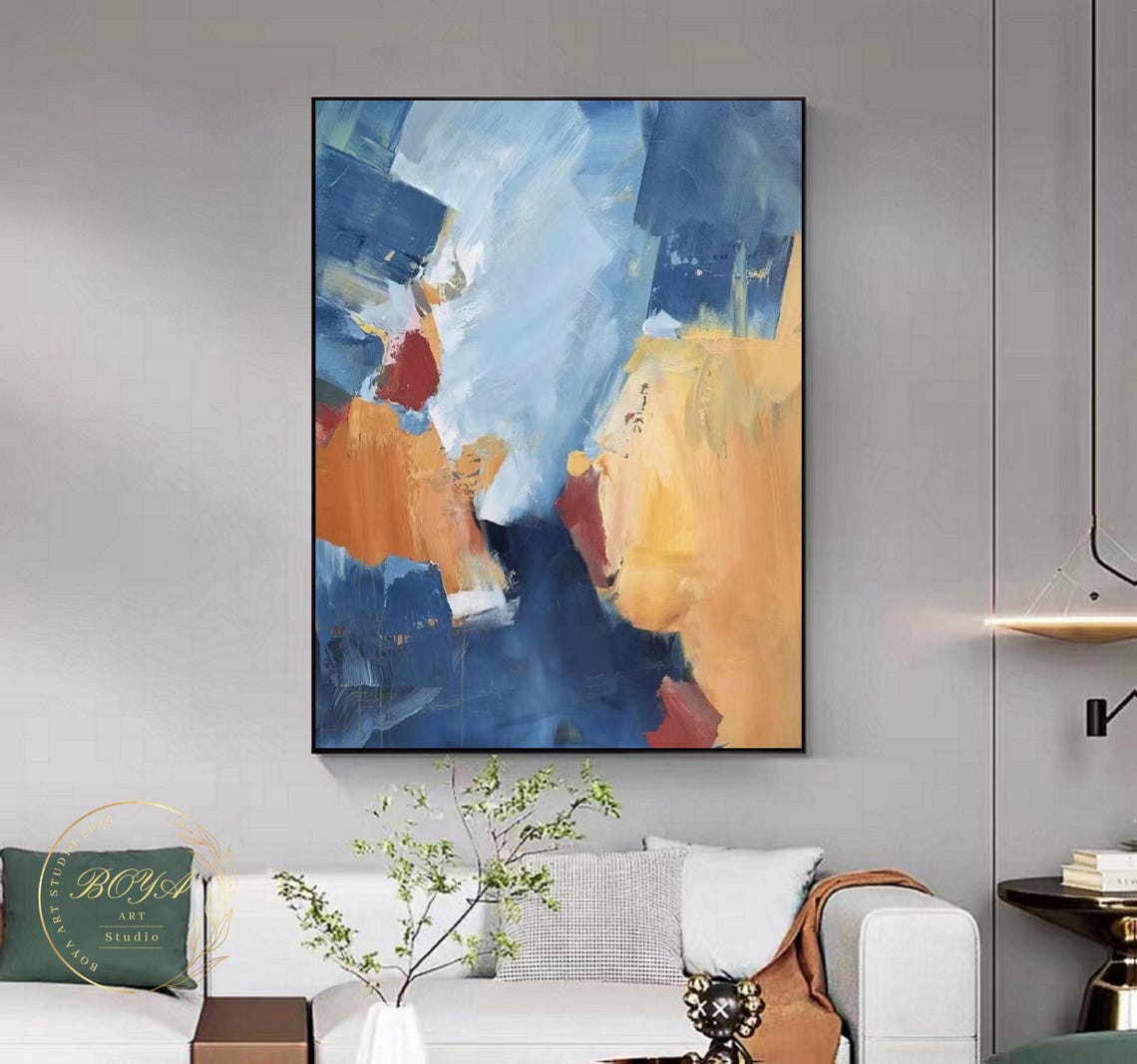 Bold Navy Blue Orange Diagonal Blocks Abstract Painting Poster - Image 2