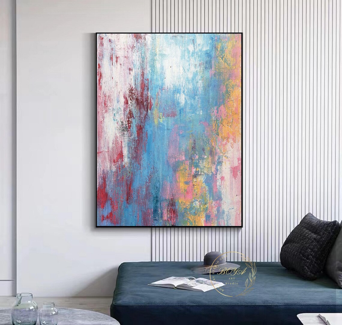 Light Blue Pink and Gold Loose Brushstroke Airy Abstract Poster - Image 2
