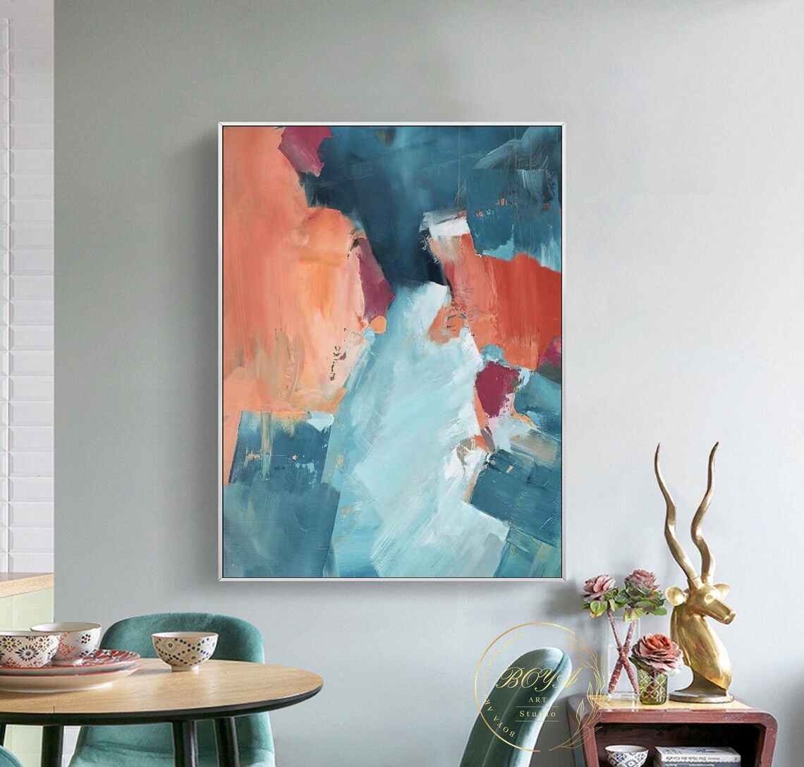 Peacock Blue and Orange Abstract Wall Art Print - Image 2