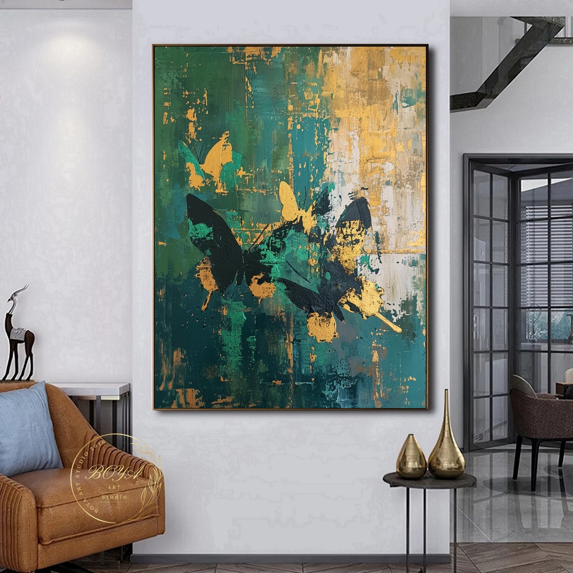 Black Butterfly on Emerald Green Gold Abstract Painting Poster - Image 4