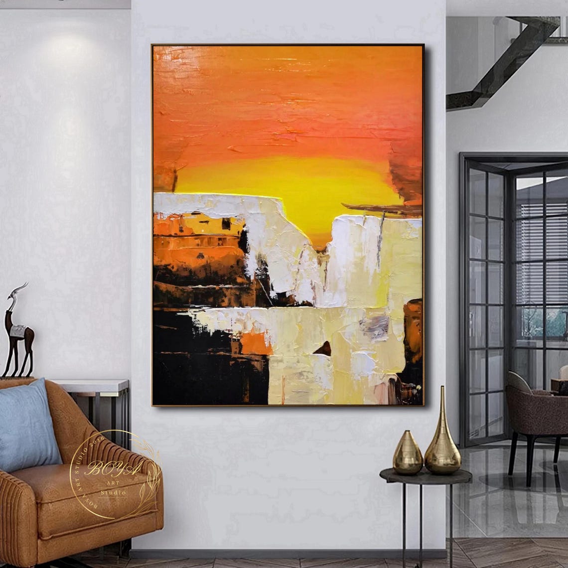 Orange Sunset Over White Cliffs Abstract Landscape Artwork Poster - Image 5
