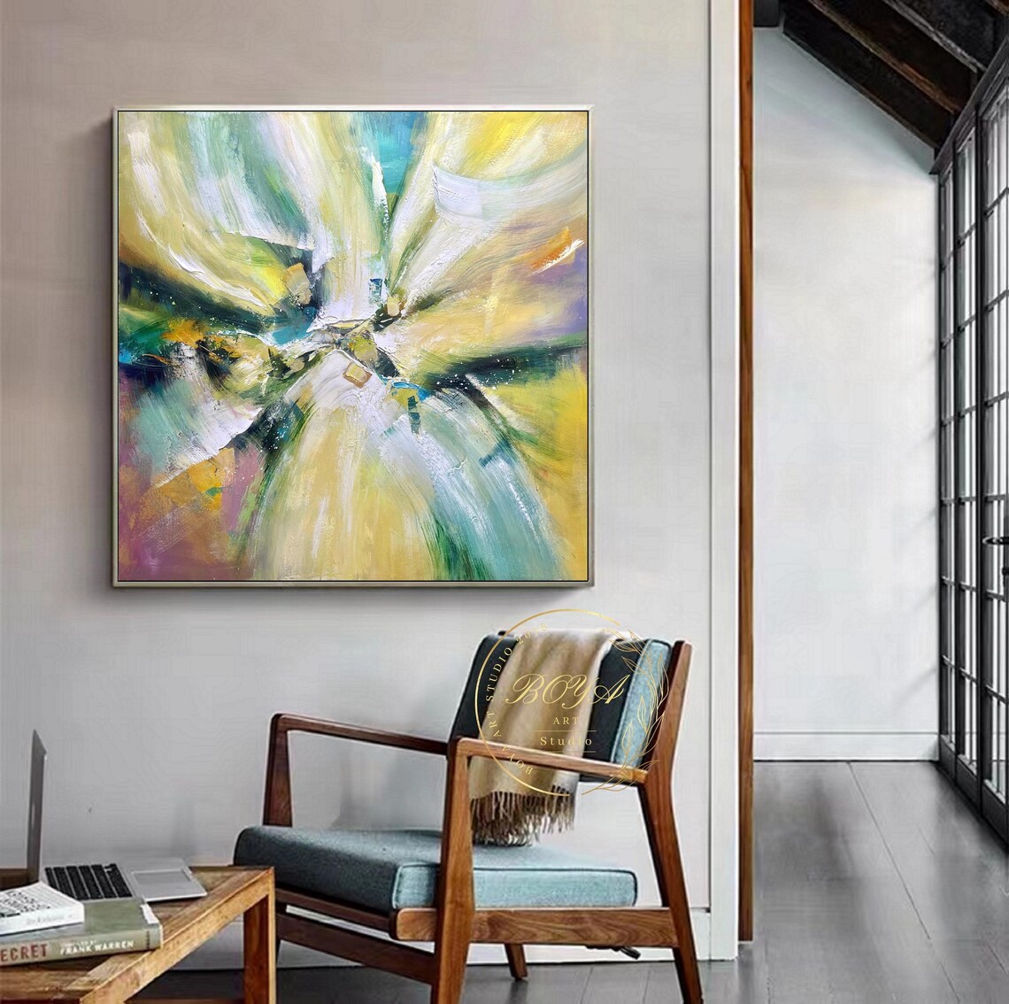 Green Abstract Painting Large Multicolor Wall Art Original Yellow Painting Modern Green Wall Art Yellow Abstract Art White Textured Painting - Image 5