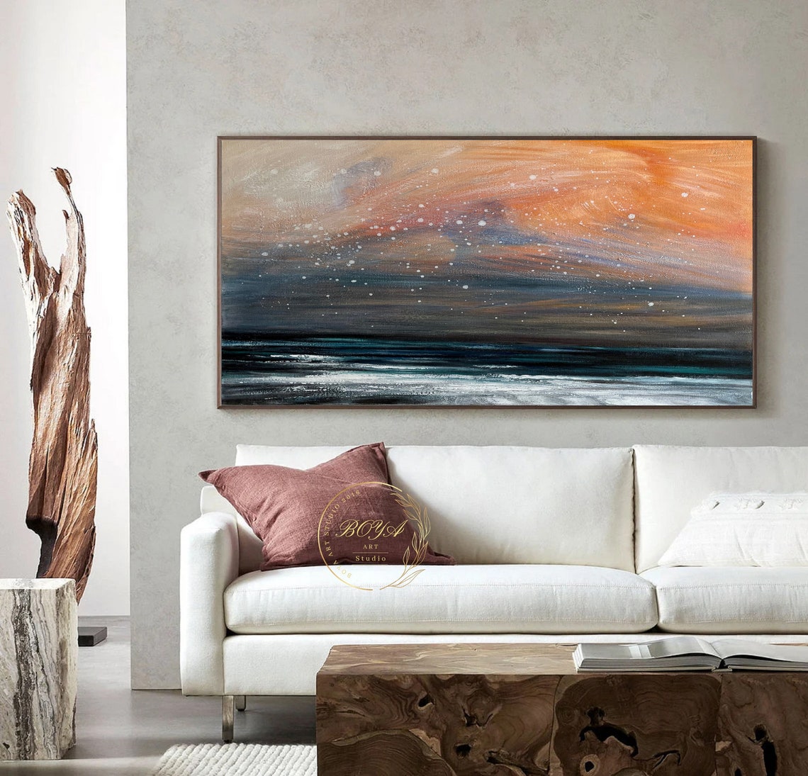 Fiery Dusk Sky Melting Over a Deep Teal Ocean Abstract Poster - Image 2
