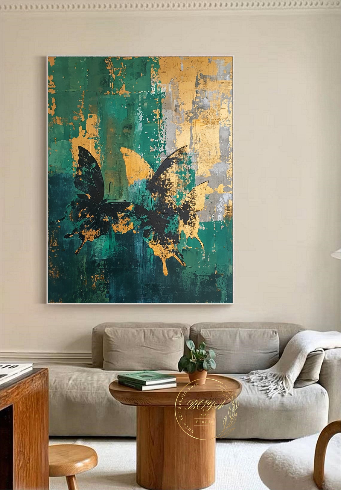 Green Abstract Art Original Butterfly Abstract Painting Gold Textured Painting Large Green Wall Painting Gold Textured Art Modern Art - Image 5