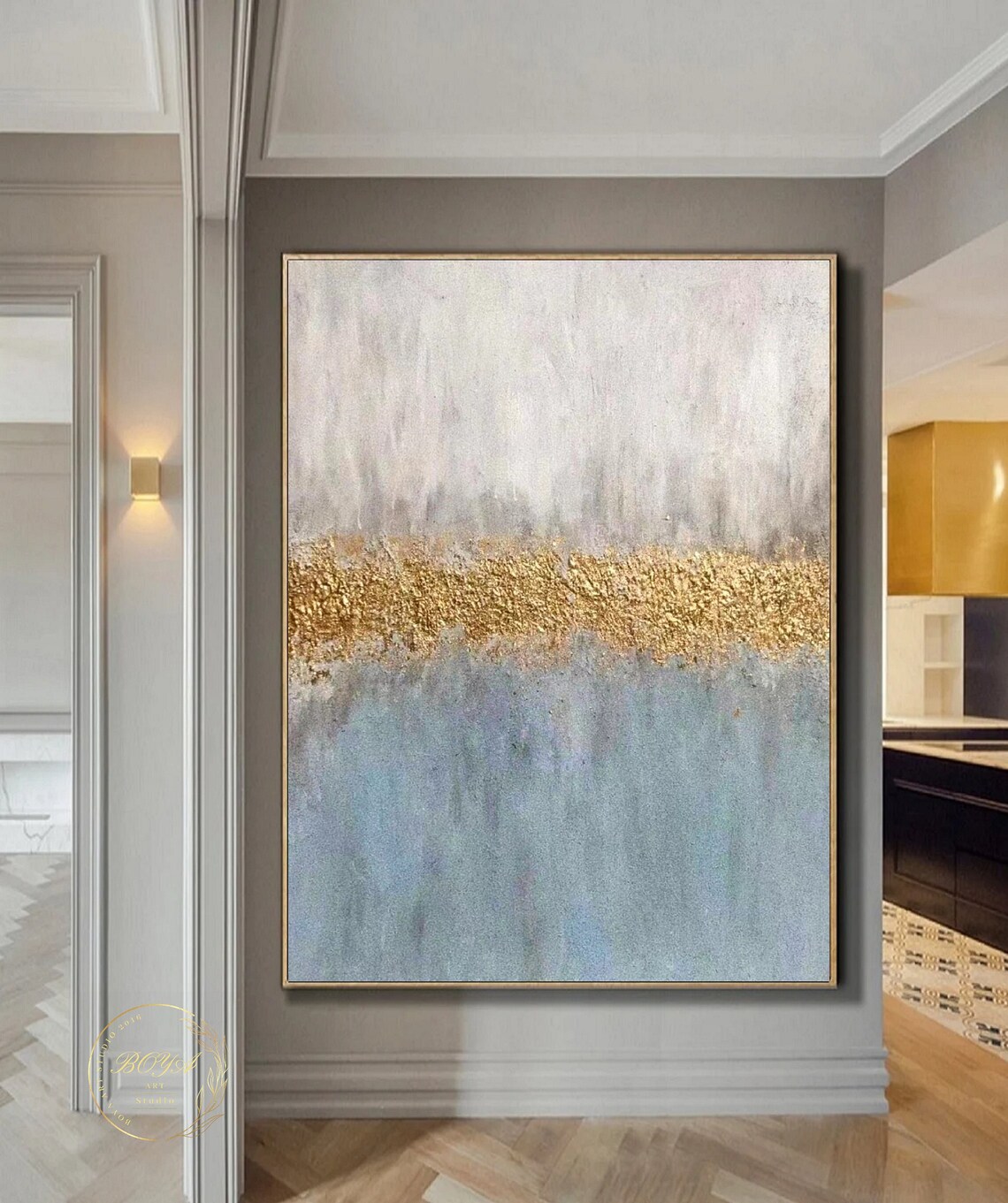 Blue Abstract Painting, Gold Textured Minimalist Art - Image 2