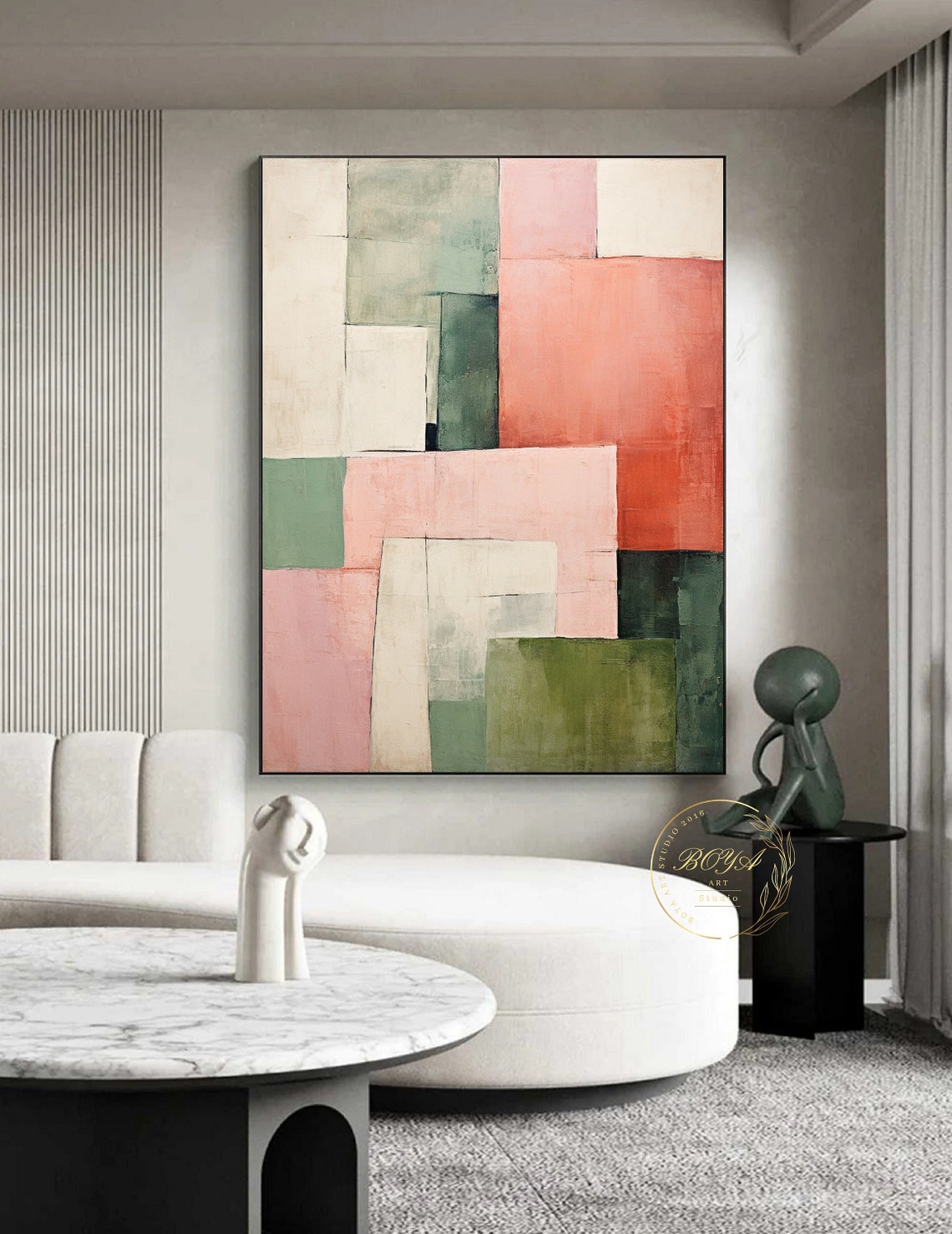 Soft Pink Sage Green and Cream Geometric Blocks Abstract Poster - Image 3