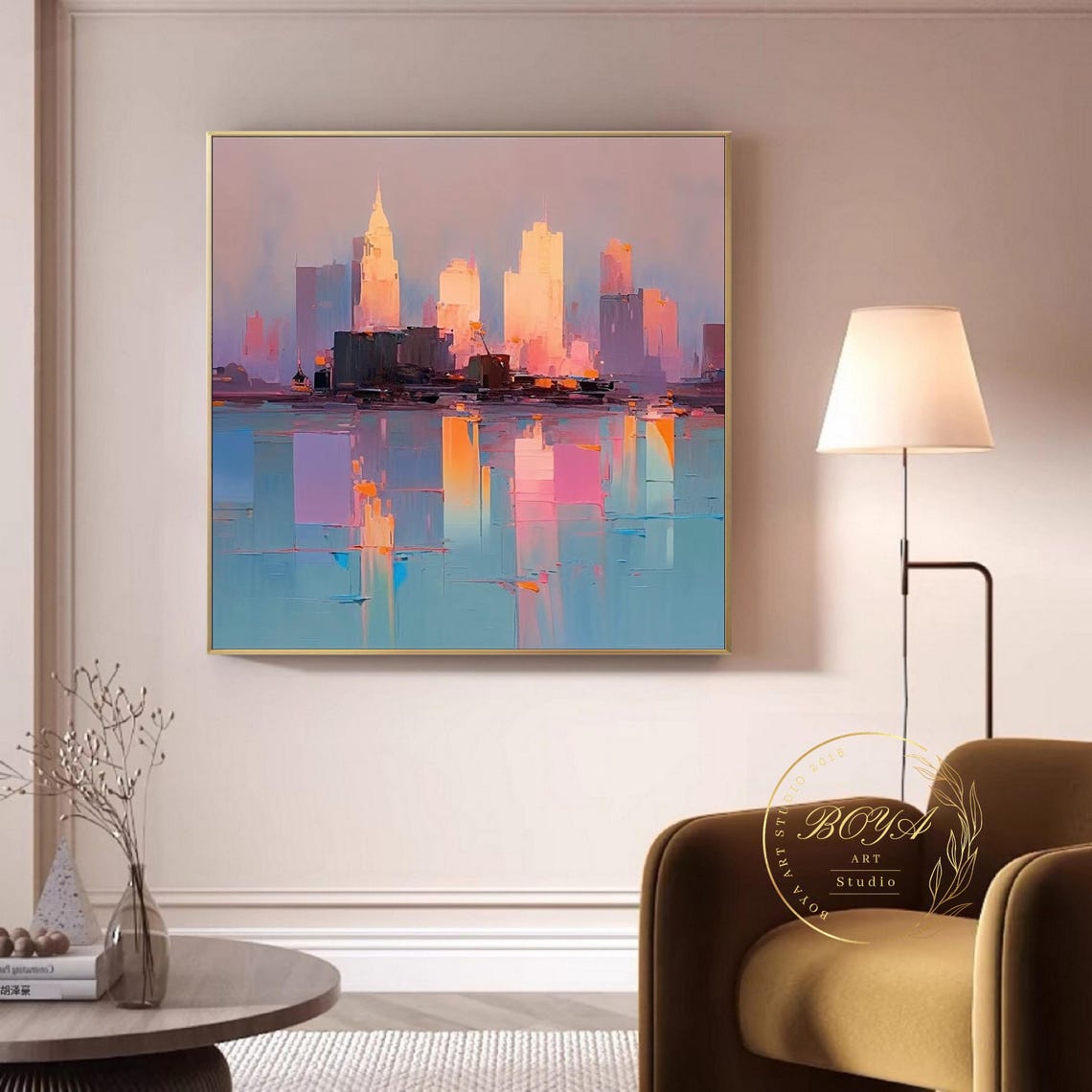 Romantic Pink City Skyline Reflected in Calm Blue Water Poster - Image 3