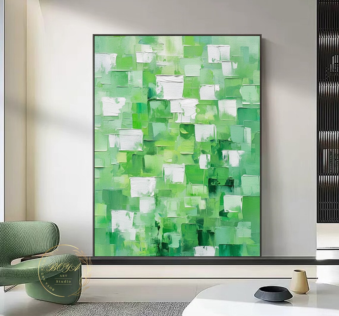 Airy White and Green Mosaic Squares Abstract Art Painting Poster - Image 4