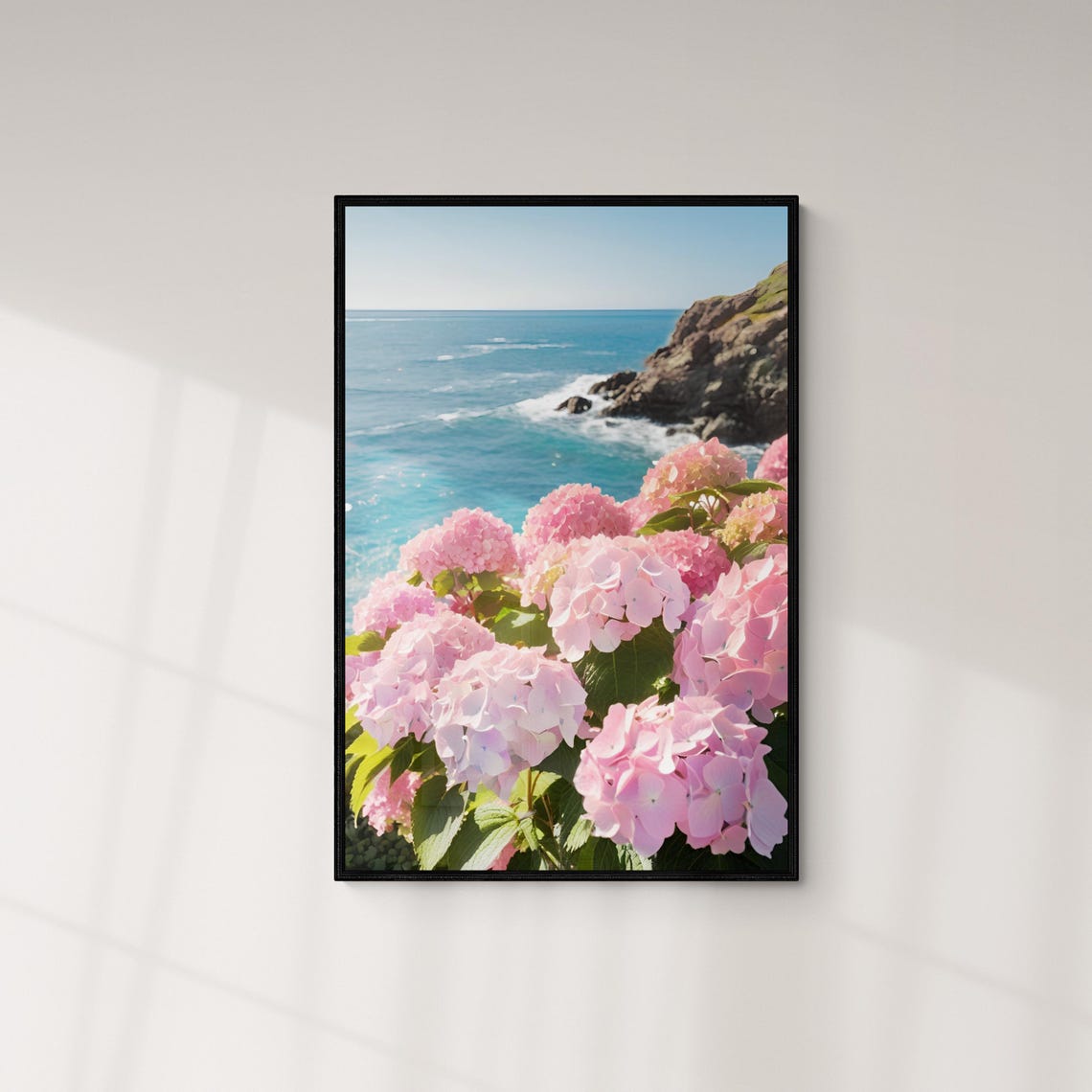 Pink Hydrangea Blooms Coastal Cliff Ocean View Seaside Travel Poster - Image 4