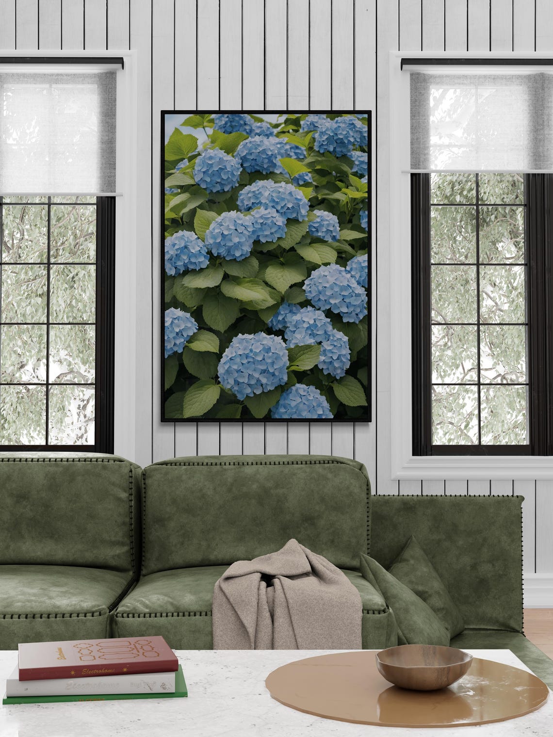 Blue Hydrangea Bushes Lush Garden Botanical Photography Art Poster - Image 4