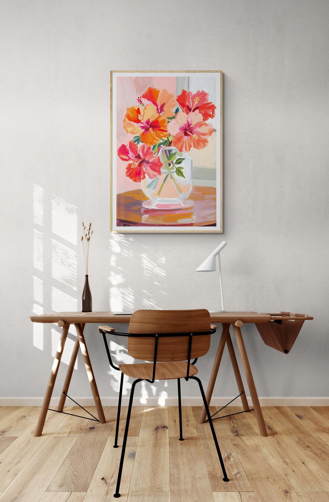 Coral Hibiscus In Glass Vase Sunlit Still Life Tropical Floral Art Poster - Image 2