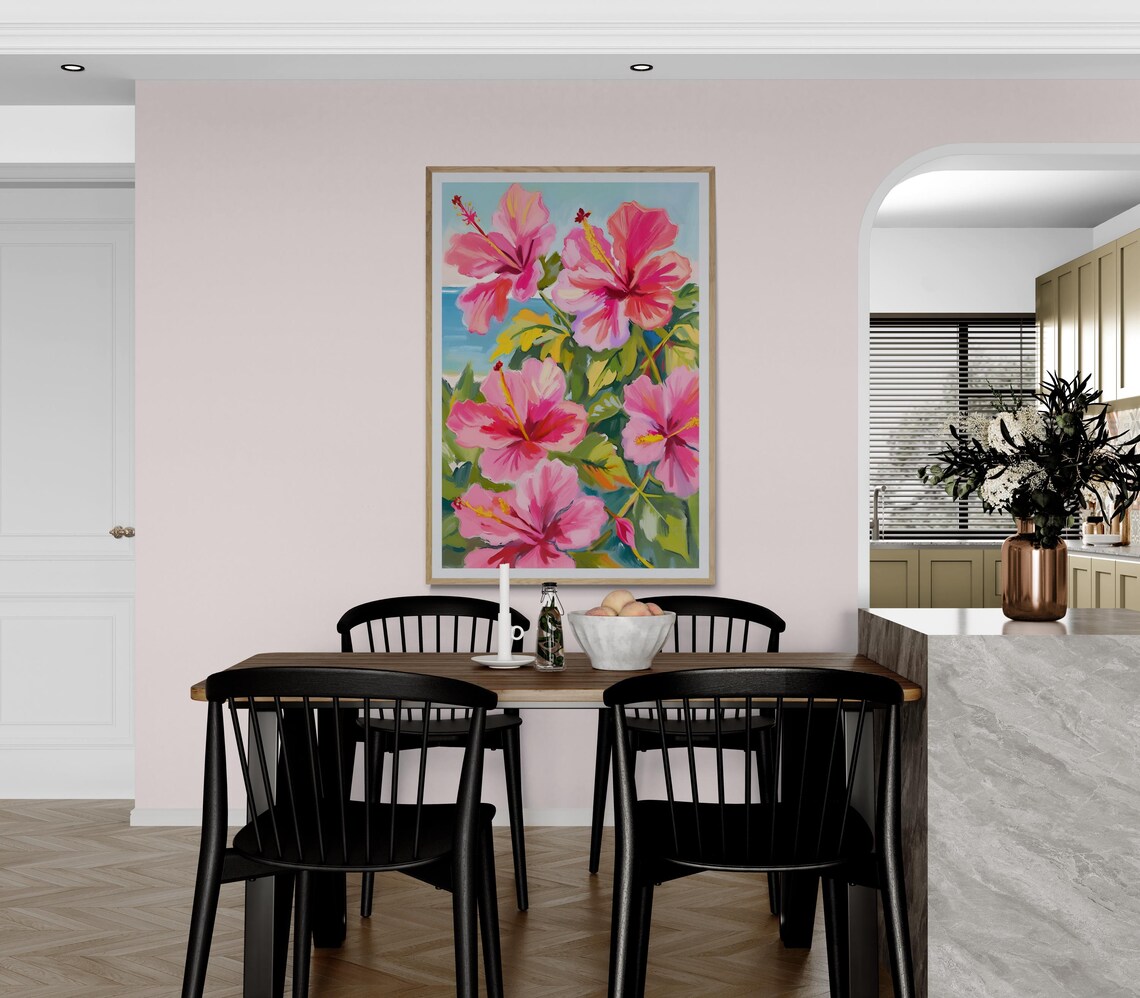 Pink Hibiscus Blooms Ocean Backdrop Tropical Coastal Floral Wall Art Poster - Image 2